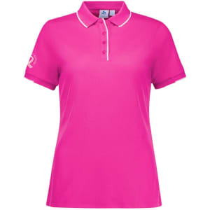 A women's short sleeve polo shirt in vibrant pink featuring a subtle logo on the sleeve.