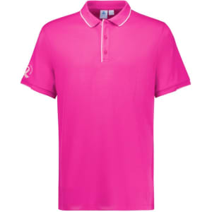 A pink short sleeve polo shirt with a collar and a logo on one sleeve.