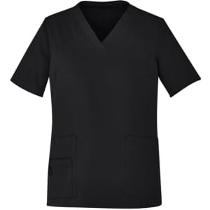 A black women's scrub top with a V-neck and short sleeves, featuring two front pockets and a logo.