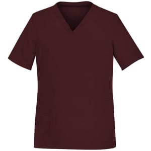 A burgundy women's scrub top with a V-neck and short sleeves, featuring two front pockets and a logo.