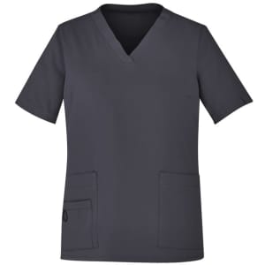 A women's V-neck scrub top in dark grey with short sleeves and two pockets. It features a logo on the side.