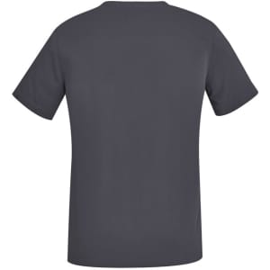 A grey women's scrub top with a V-neck design and short sleeves. Features a logo on the back.