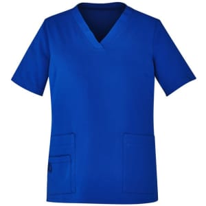 A blue women's scrub top with a V-neck, featuring short sleeves and two front pockets. It has a logo on it.