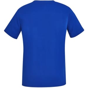 A blue women's scrub top with short sleeves and a V-neck design, featuring a logo on the back.