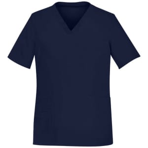 A navy V-neck scrub top for women featuring short sleeves and two front pockets. It has a branding logo.