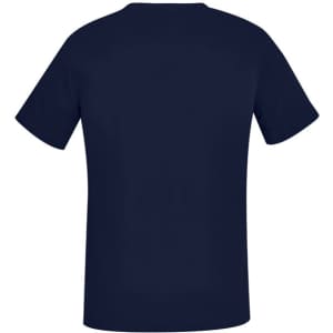 A navy blue women's scrub top with a V-neck design, featuring short sleeves and a plain back.