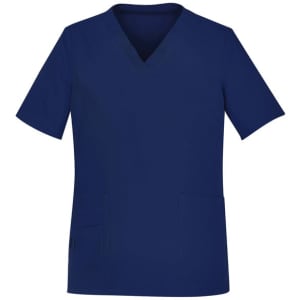 Navy women's V-neck scrub top with short sleeves and two front pockets. Features a logo on the side.