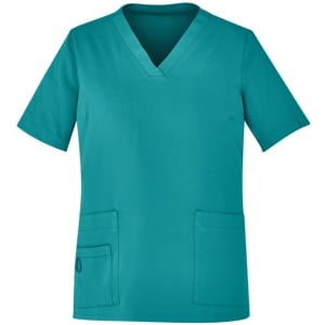 A teal women's V-neck scrub top featuring short sleeves and two front pockets. It includes a logo on the side.