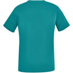 A teal women's V-neck scrub top featuring short sleeves and a simple design, with a logo on the back.