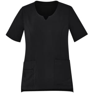 A round neck women's scrub top in black with short sleeves and two front pockets.