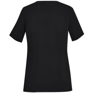 A black women's scrub top featuring short sleeves and a round neck, with a logo on the back.