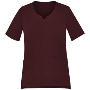 A womens round neck scrub top in burgundy, featuring short sleeves and two front pockets.