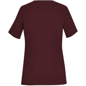 A maroon women's scrub top with a round neck and short sleeves, featuring a logo on the back.