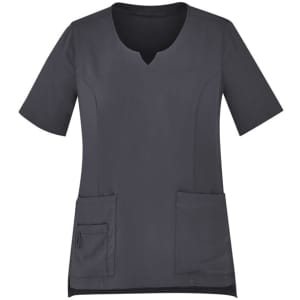 A women's round neck scrub top in dark grey, featuring short sleeves and two front pockets.