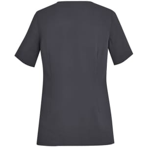 A women's round neck scrub top in dark grey with short sleeves and a fitted design, featuring a logo.
