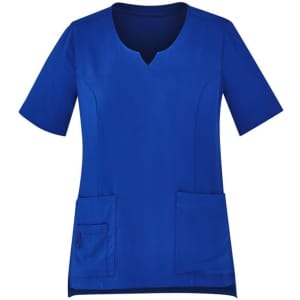 A blue women's scrub top featuring a round neck and two front pockets, with a logo on it.