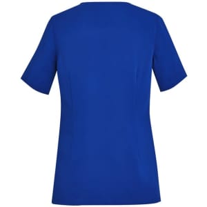 A blue women's scrub top featuring a round neck and short sleeves, with a logo on the back.