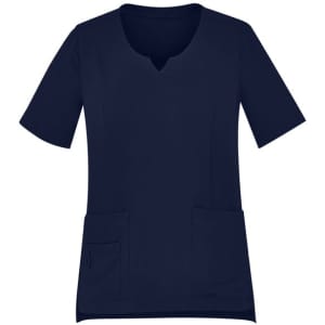 Round neck scrub top in navy blue with short sleeves and two front pockets. Features a branded logo.