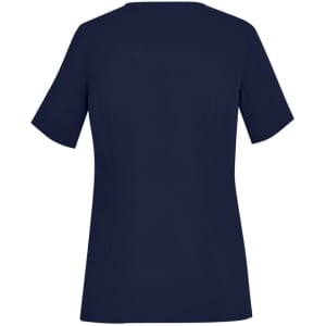 A navy women's scrub top with short sleeves and a round neck, featuring a logo.