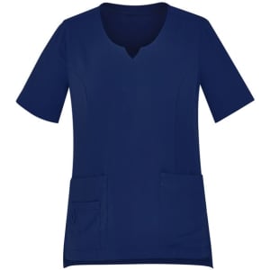 Navy blue women's scrub top with a round neck and two front pockets. Features a logo on the side.