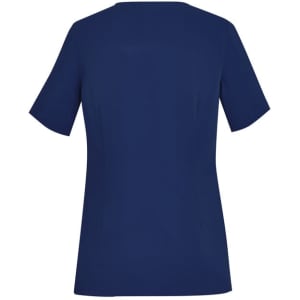 A navy blue women's scrub top with short sleeves and a round neck design, featuring a logo.