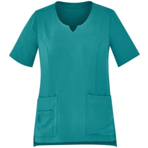 A women's scrub top in a teal colour with short sleeves and two front pockets. It features a round neckline and a logo.