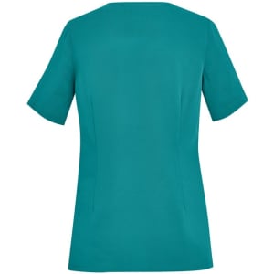 Teal women's scrub top with a round neck and short sleeves, featuring a minimalist design and a fitted silhouette.