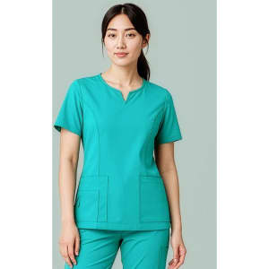 A teal women's scrub top with a round neck and short sleeves, featuring two front pockets. It has a logo on the fabric.