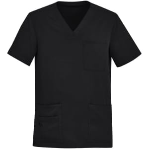 A black V-neck scrub top featuring short sleeves and multiple pockets, with a logo on the front.