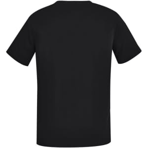 A black men's V-neck scrub top featuring short sleeves and a logo. Suitable for uniform wear.