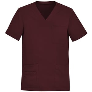 A maroon men's V-neck scrub top featuring short sleeves and multiple pockets, with a logo present.