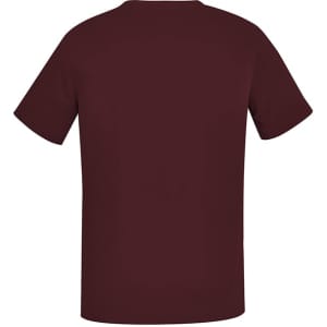 A burgundy men's V-neck scrub top with short sleeves, featuring a simple design and logo.