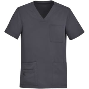 A grey men's V-neck scrub top featuring short sleeves and multiple pockets, with a logo present.