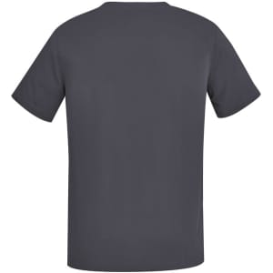 A grey men's V-neck scrub top featuring short sleeves and a back view design. It includes a branding logo.