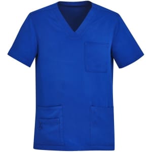 A blue men's V-neck scrub top with a pocket, featuring a logo on the side.