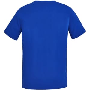 A blue men's V-neck scrub top featuring short sleeves and a smooth finish, with a logo on the back.