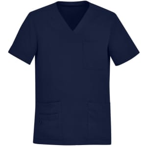 A navy men's V-neck scrub top featuring multiple pocket styling and a logo.