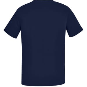 Navy V-neck scrub top featuring short sleeves and a simple design, with a branding logo present.