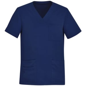 A navy blue men's V-neck scrub top with short sleeves and multiple pockets. It features a logo on the left side.