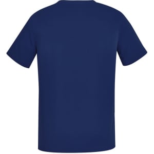 Navy blue men's scrub top with a V-neck design and short sleeves. Features a logo on the fabric.