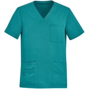 A teal men's V-neck scrub top featuring a pocket and a logo.