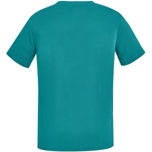 A teal men's V-neck scrub top with short sleeves and a plain back design. It features a logo.