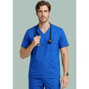A men's V-neck scrub top in bright blue, featuring a chest pocket and paired with a stethoscope.