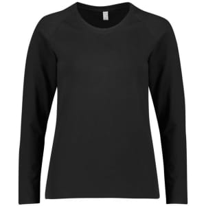 A black long sleeve tee with a rounded neckline and a logo on the front, designed for women's performance.