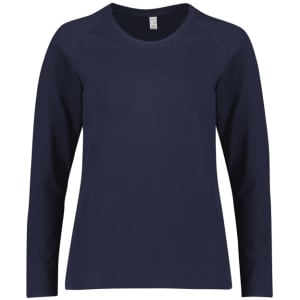 A navy long sleeve women's performance tee with a rounded neckline and raglan sleeves. Features a logo on the garment.