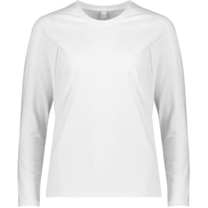 A white long sleeve women's performance tee with a simple design and a logo on the front.