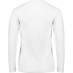 A long sleeve tee in white, featuring a simple design and a logo on the back.