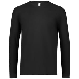 A black men's performance long sleeve tee with a crew neck and raglan sleeves, featuring a logo.