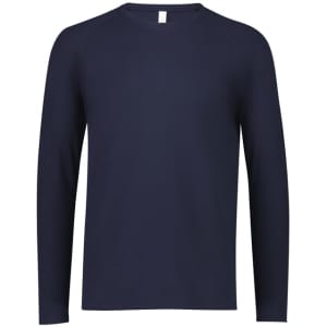 A navy long sleeve men's performance tee shirt with a crew neck and raglan sleeves, featuring a logo.
