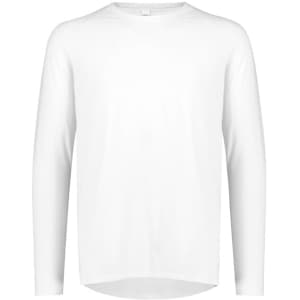 A white long sleeve t-shirt with a round neckline and a logo on the chest area.